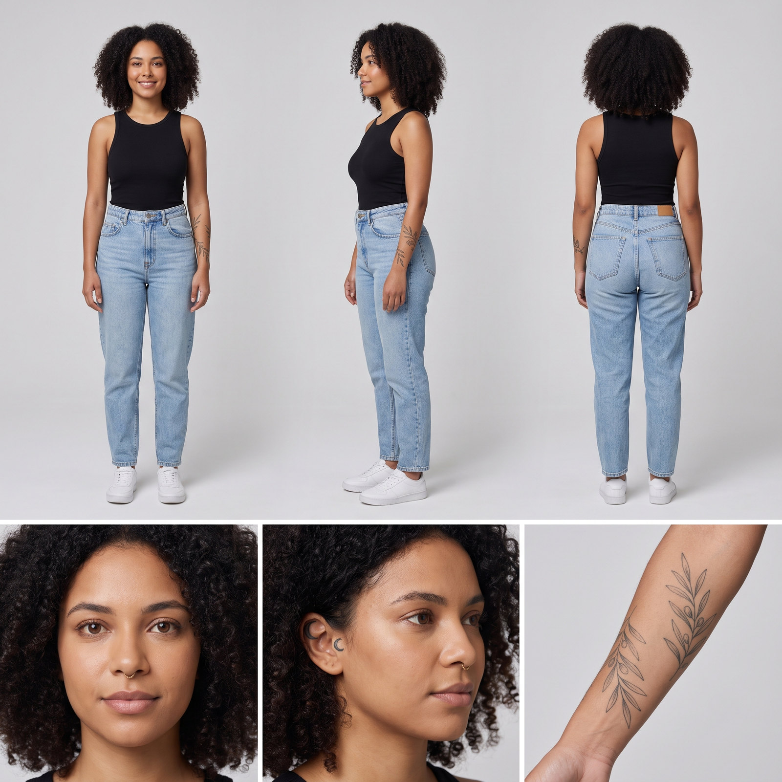 Folha de referência da influencer: corpo inteiro, rosto e tatuagem