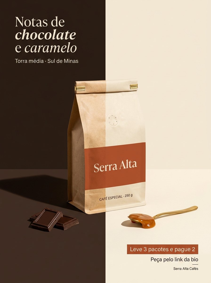 Post: fundo dividido em duas cores com chocolate e caramelo ao lado do pacote