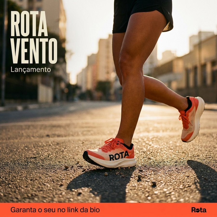 Card 4: pés da corredora no asfalto e a chamada para o link da bio